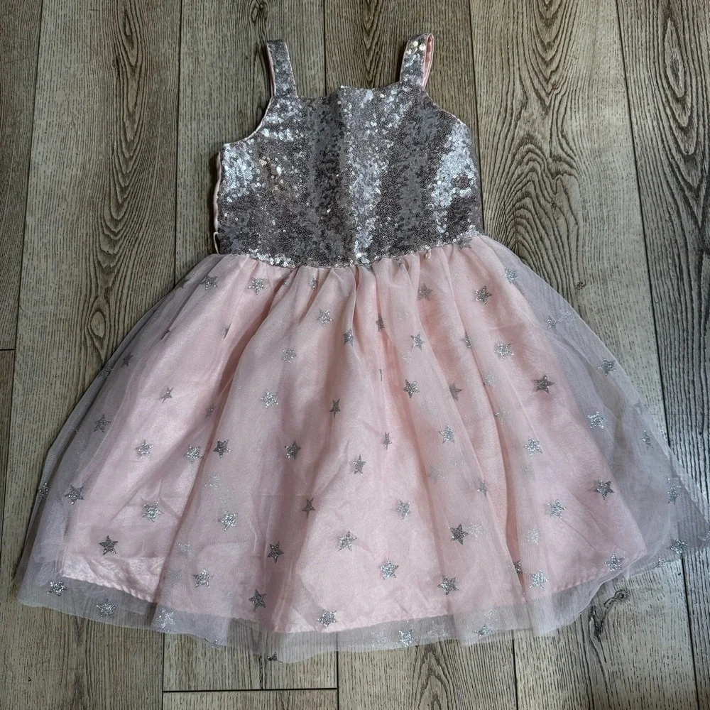 Cat & Jack pink & silver sequined A line dress stars multiple tulle layers, M.